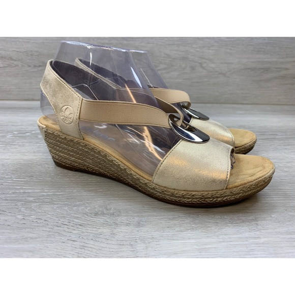 Rieker Shoes - Rieker Antistress Women's Gold Metallic Elastic Wedge Sandals Size 39 EU 8 US